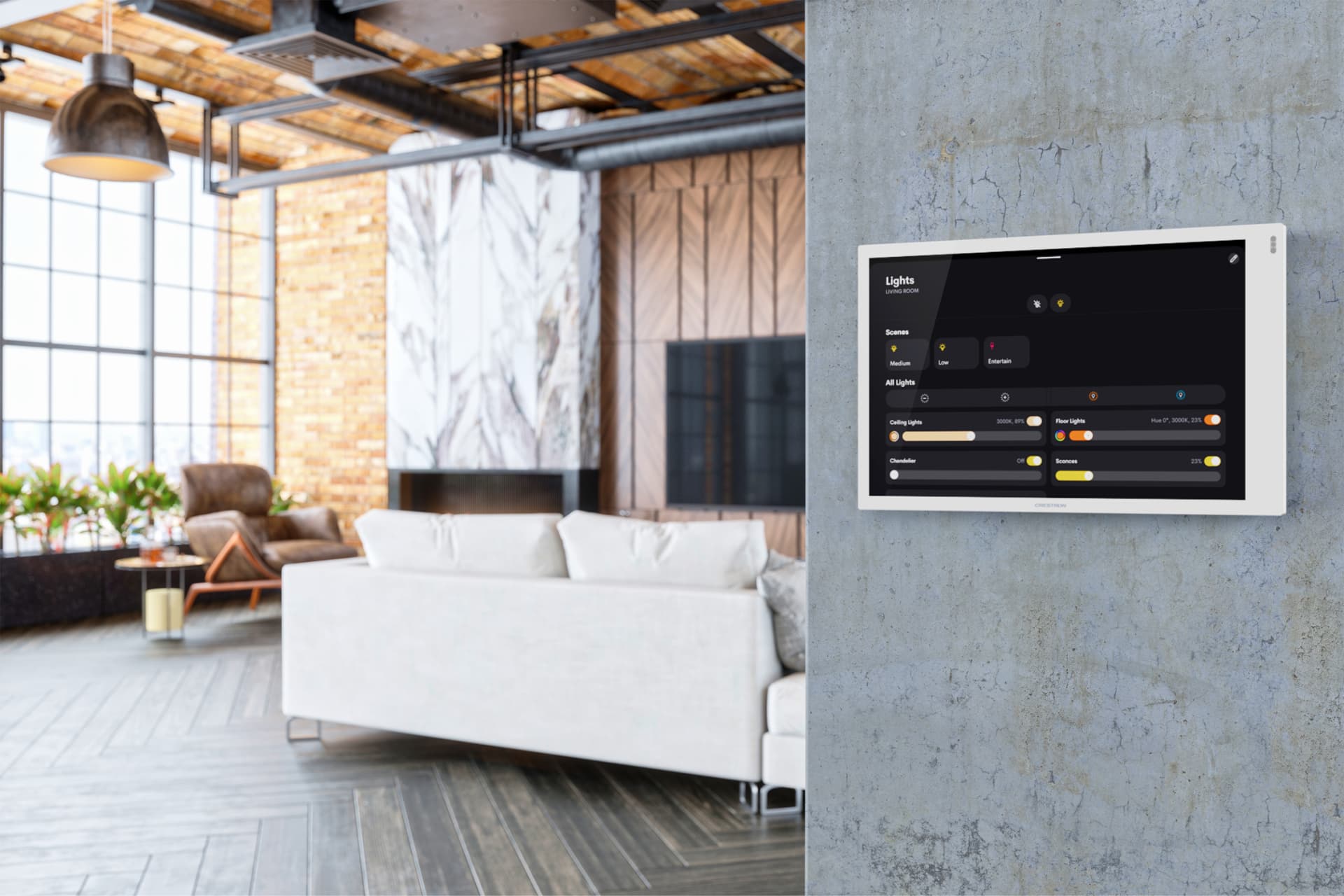 Contemporary living room with a wall-mounted Crestron OS 4 touchscreen displaying lighting scenes for the residence