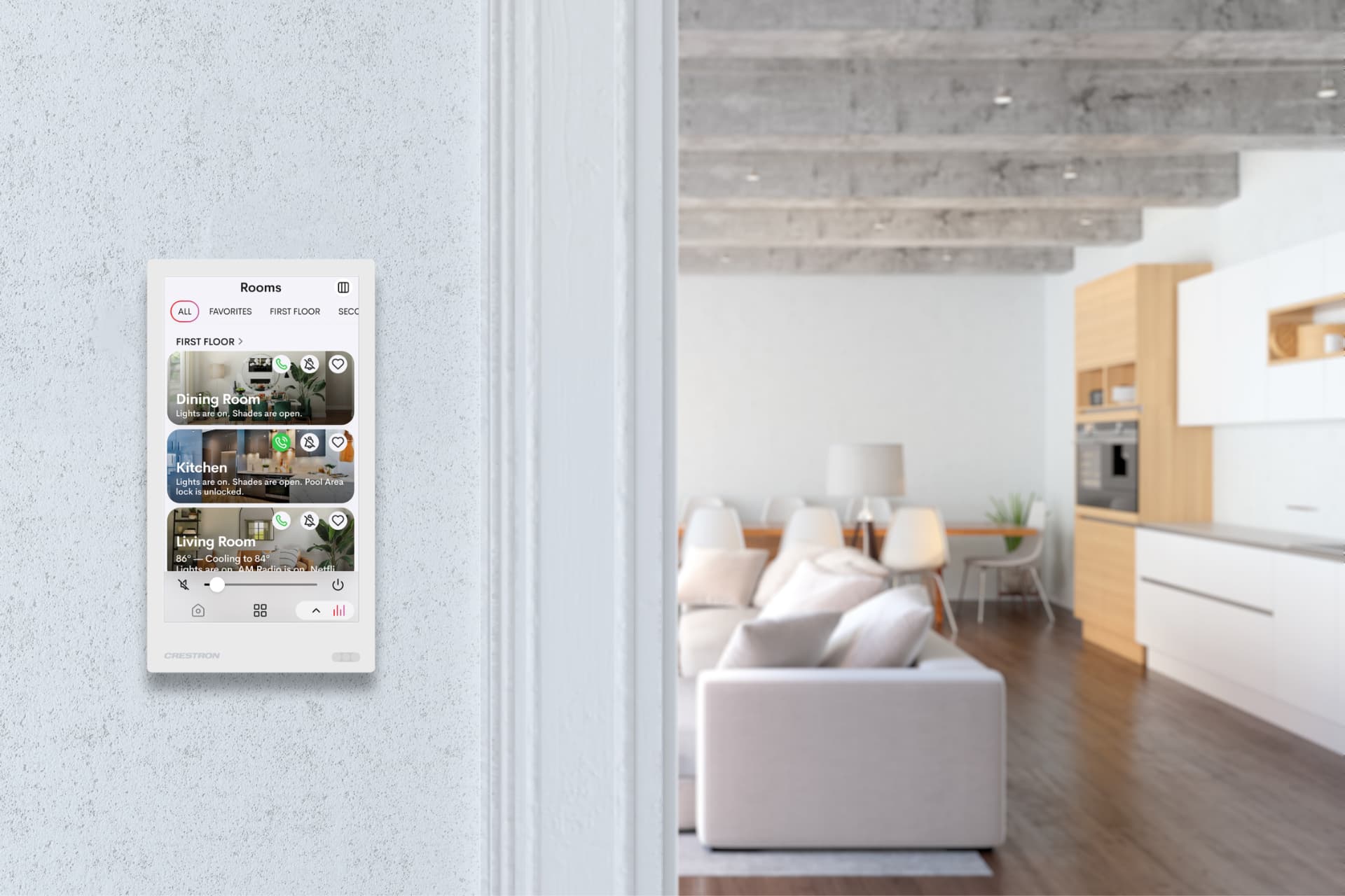 Crestron portrait touchscreen mounted in a hallway of a private residence, showing room status and scene selection
