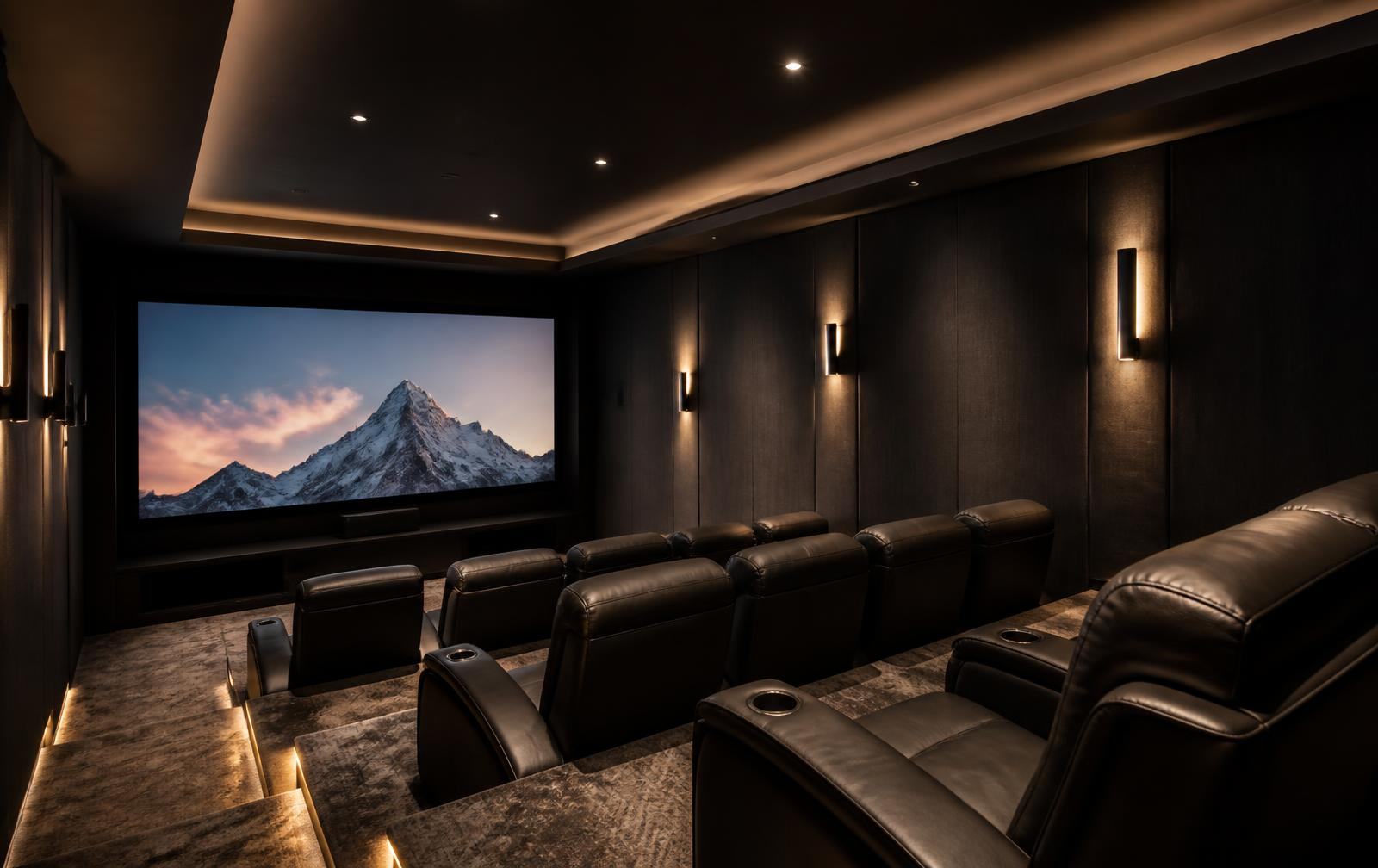 Private home cinema with acoustic fabric wall treatment, tiered leather recliner seating and a large projection screen